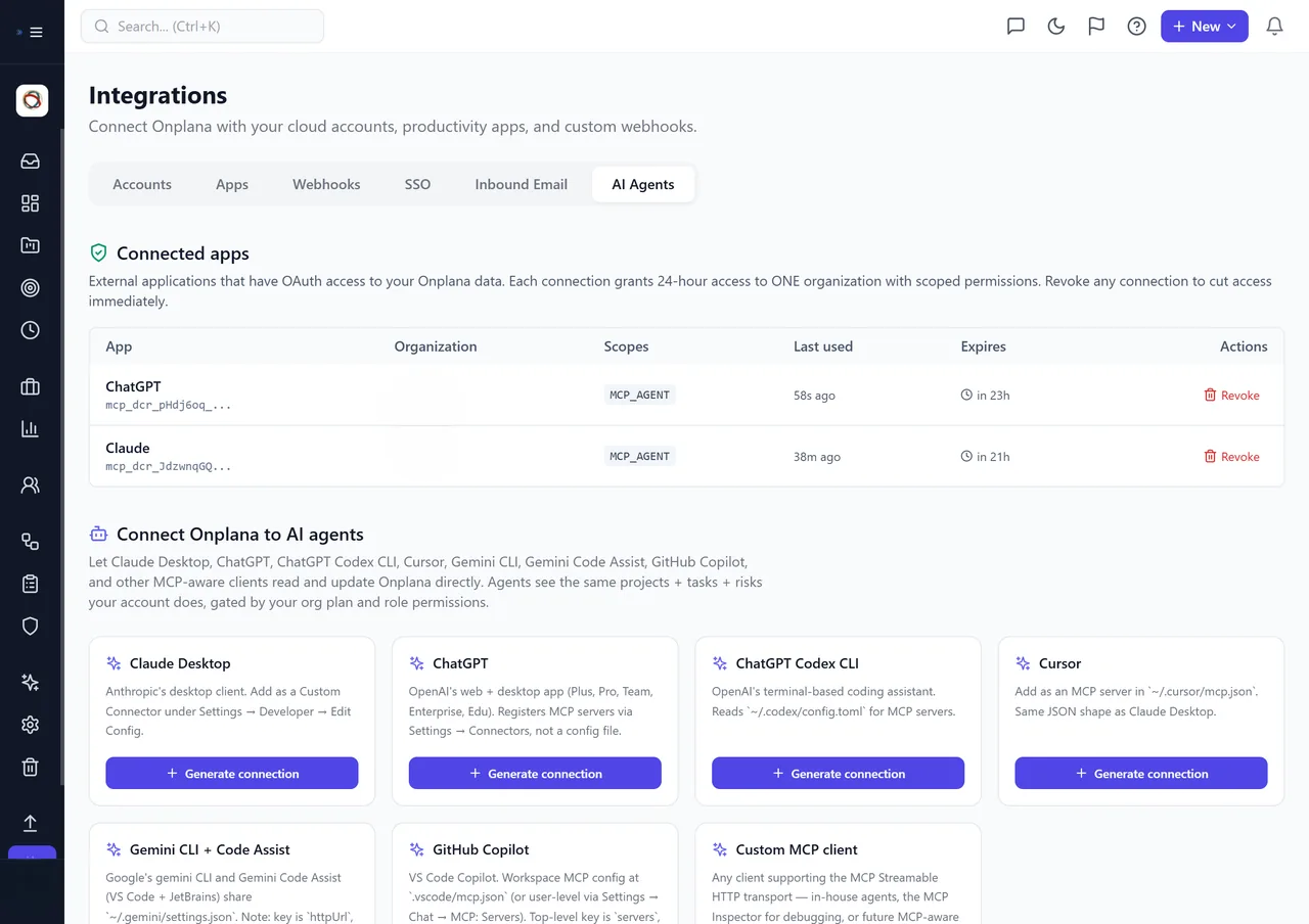 Onplana Integrations page, AI Agents tab: connected apps (ChatGPT, Claude) with MCP_AGENT scopes, and connection cards for Claude Desktop, ChatGPT, Codex CLI, Cursor, Gemini, GitHub Copilot, and a custom MCP client