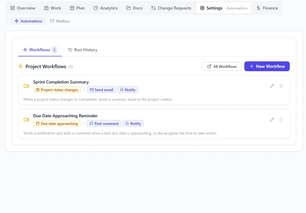 Onplana project automations builder: trigger condition on the left (when task status changes, when due date approaches), action chain on the right (assign reviewer, post comment, notify channel), enable-disable toggle on each rule