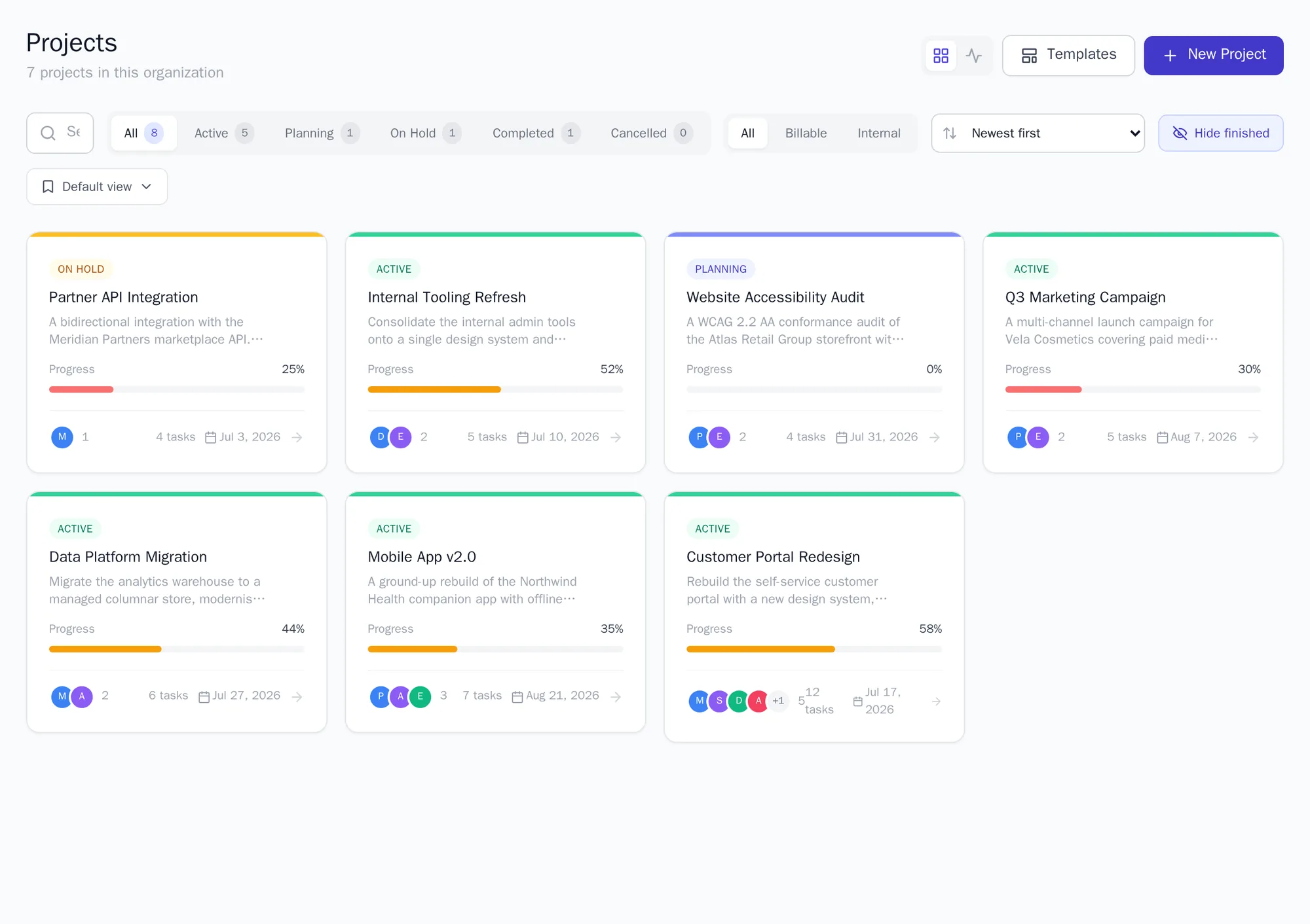 The Onplana projects workspace: a list of projects with status, progress, owners, budget, and health across the portfolio
