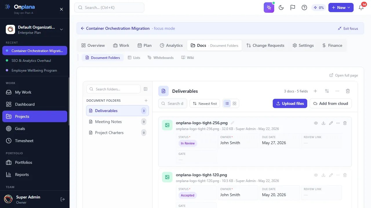 Onplana project workspace showing a document library with deliverables, custom fields for status, owner, due date, and review link